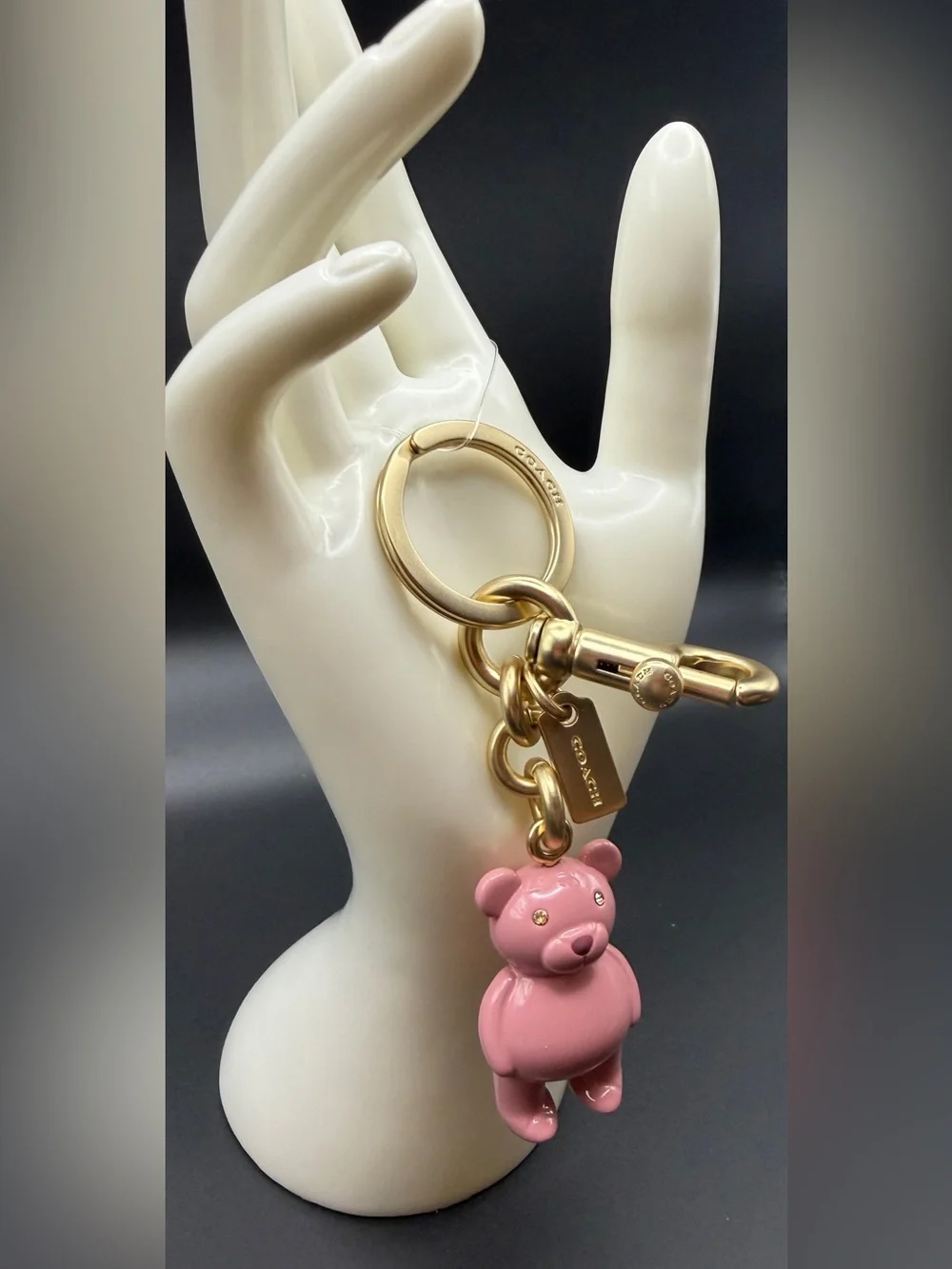 Coach Pink Bear Charm Key Ring with Gold Hardware